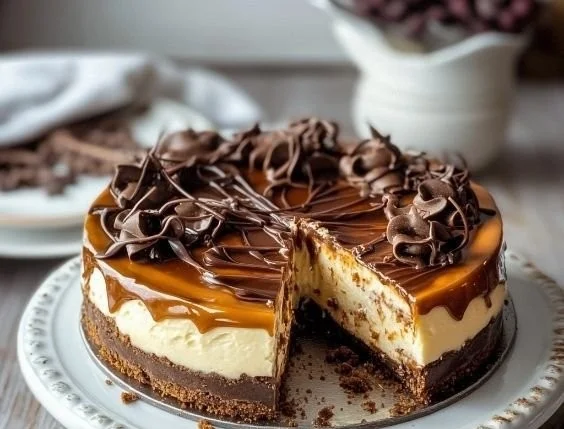 Delicious Chocolate Caramel Cheesecake topped with drizzled chocolate and caramel sauce