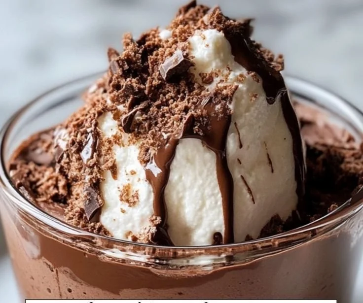 Delicious chocolate mousse served in a glass with whipped cream and chocolate shavings