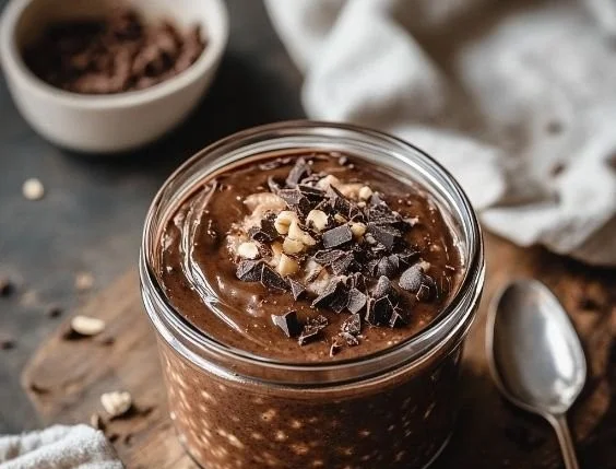 Bowl of chocolate overnight oats topped with fruits and nuts