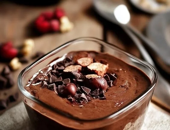 Delicious chocolate pudding made with cottage cheese served in a bowl