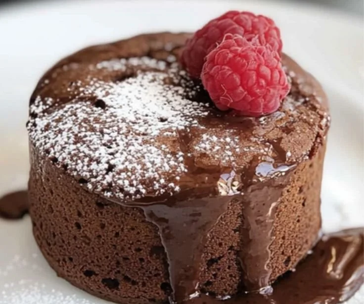 Decadent Chocolate Soufflé topped with powdered sugar served in a ramekin