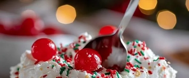 Delicious Christmas Cherry Fluff dessert served in a festive bowl