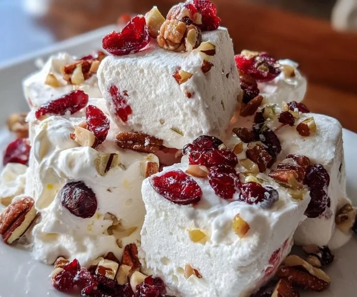Delicious creamy Christmas fluff dessert topped with festive decorations