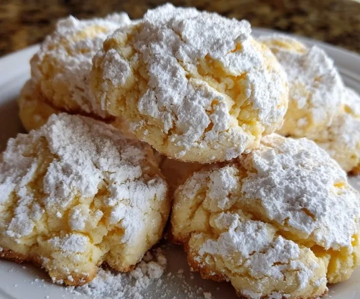 Plate of Christmas ooey gooey butter cookies with festive decorations