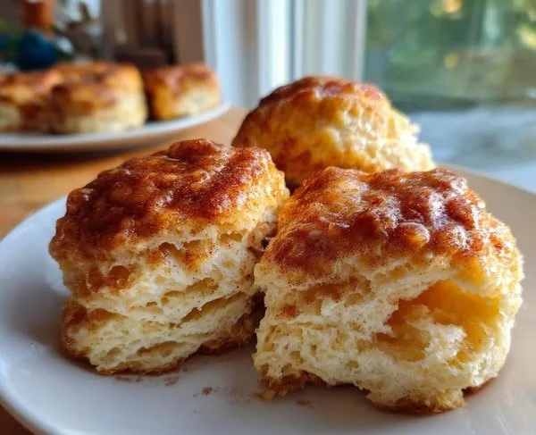 Freshly baked cinnamon bun scones with icing on a cooling rack