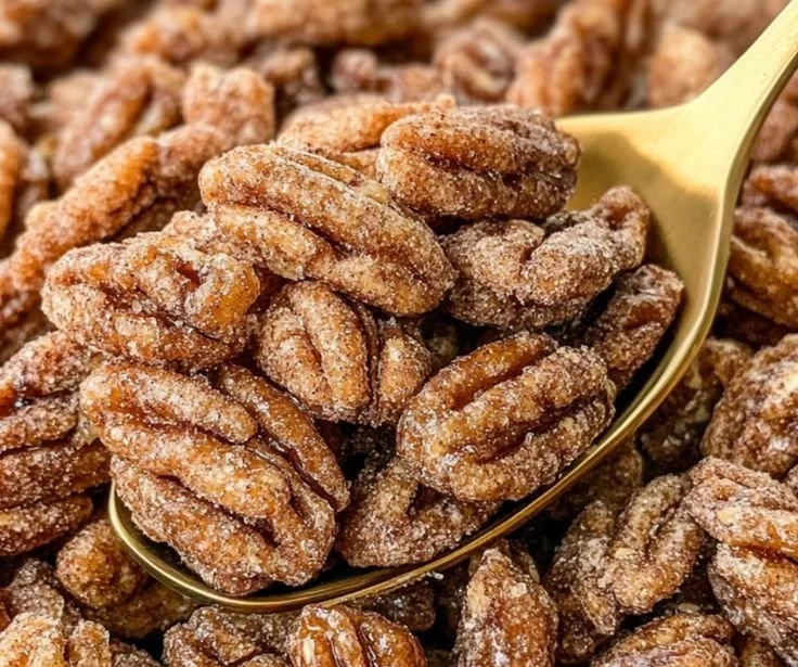 Bowl of delicious cinnamon candied pecans for snacks and desserts