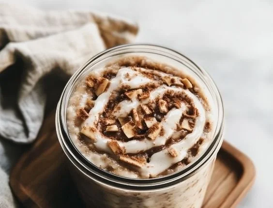 Delicious cinnamon roll overnight oats topped with cream and cinnamon
