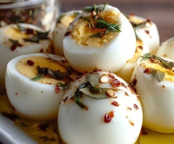 A jar of classic pickled eggs with vibrant colors and spices