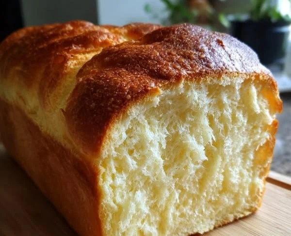 Freshly baked condensed milk bread loaf on a wooden table