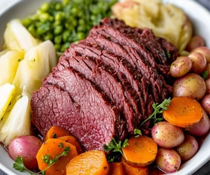 Corned beef brisket served with potatoes, cabbage, and carrots on a plate