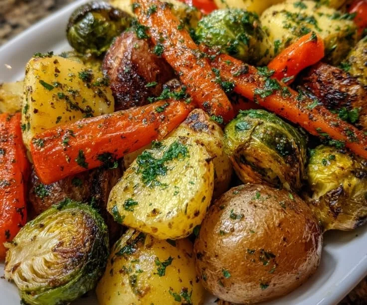 Cowboy butter roasted vegetables showcasing crispy, creamy texture and vibrant colors.