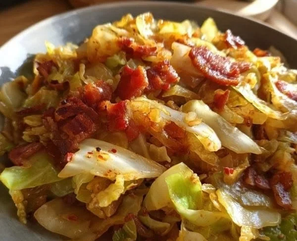 Delicious Cowboy Fried Cabbage served in a skillet, showcasing its vibrant colors and textures.