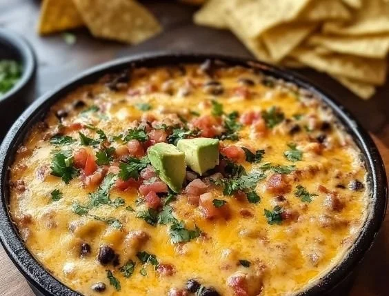 Bowl of Cowboy Queso served with tortilla chips