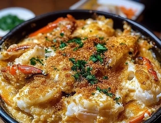 A delicious plate of Crab Imperial topped with breadcrumbs and herbs