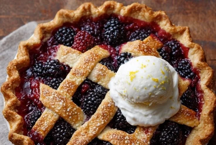 Cream cheese blackberry pie garnished with fresh blackberries on a white plate.