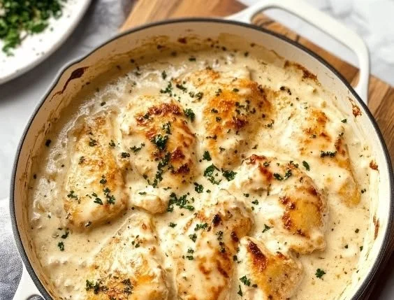 Delicious cream cheese chicken served on a plate with herbs and spices