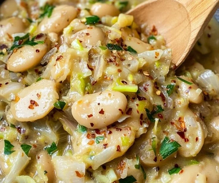 Creamy butter beans dish with leeks and lemon garnish
