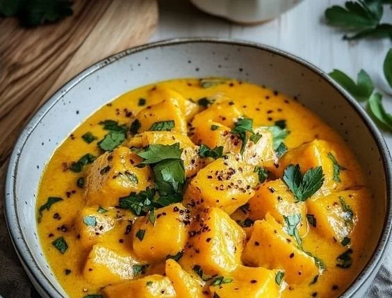 Creamy butternut squash coconut curry in a bowl, garnished with herbs