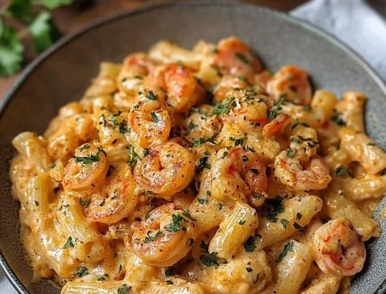 Creamy Cajun shrimp pasta dish with fresh ingredients and rich sauce