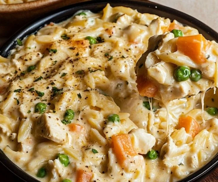 Creamy chicken pot pie orzo with vegetables in a bowl