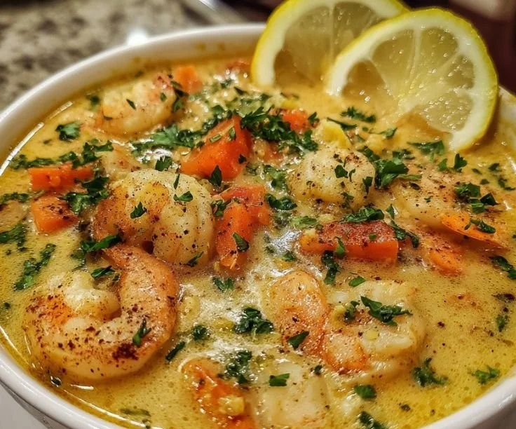 Creamy crab and shrimp seafood bisque in a bowl with fresh herbs