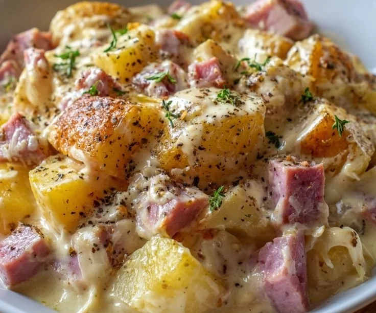 Creamy crockpot ham and potatoes dish served for a delicious family meal
