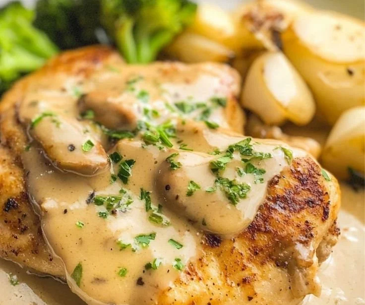 Creamy garlic chicken dish with herbs and a rich sauce