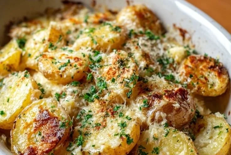 Creamy garlic parmesan potatoes served in a dish, garnished for flavor.