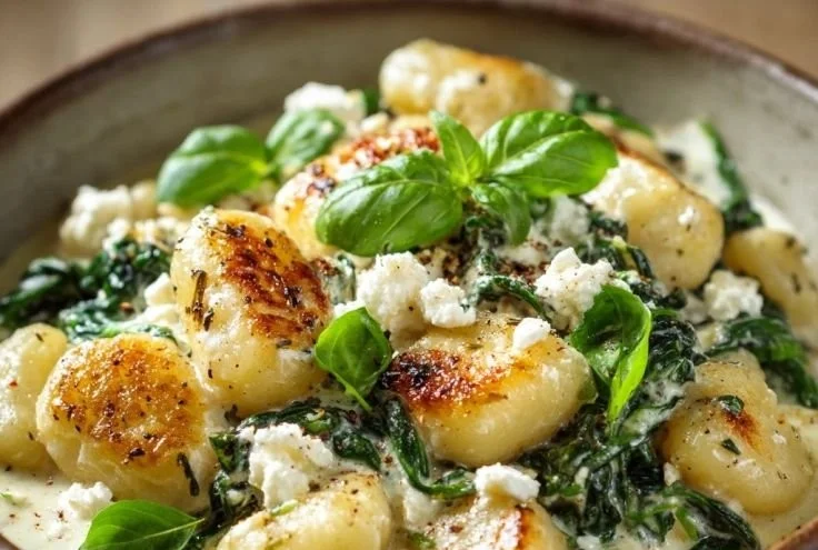 Creamy gnocchi with spinach and feta served in a bowl