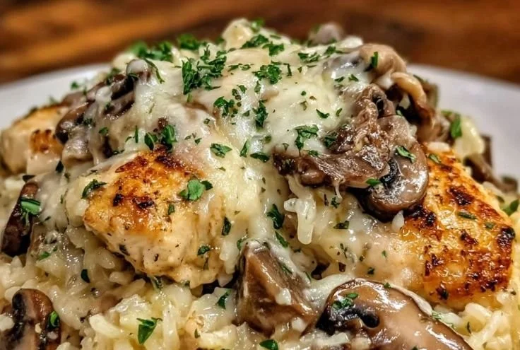 Creamy Mushroom Gruyère Chicken Bake topped with cheese and mushroom sauce