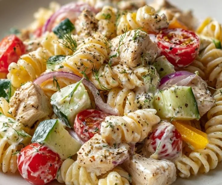 Creamy ranch protein pasta salad garnished with fresh vegetables