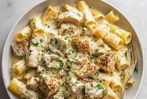Creamy ricotta chicken pasta served in a bowl with fresh herbs and Parmesan cheese.