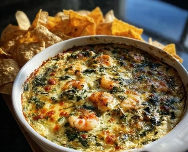 Creamy seafood spinach dip ready to serve in a bowl with tortilla chips