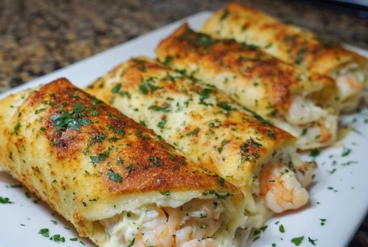 Creamy shrimp cheese rolls garnished and served on a plate