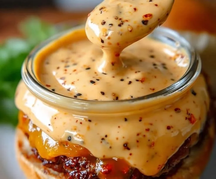 Creamy smash burger sauce in a small bowl, ready to enhance burgers.