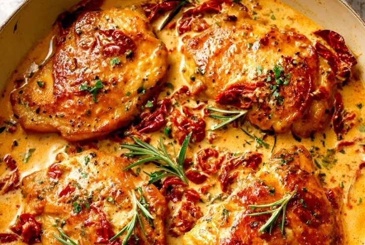 Creamy sun-dried tomato chicken dish served with herbs and spices