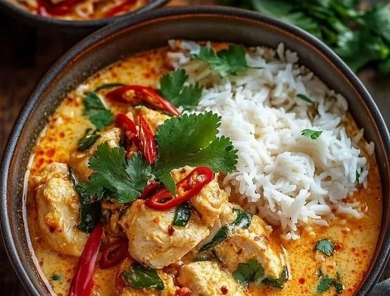 Creamy Thai red curry chicken bowl with vegetables and herbs