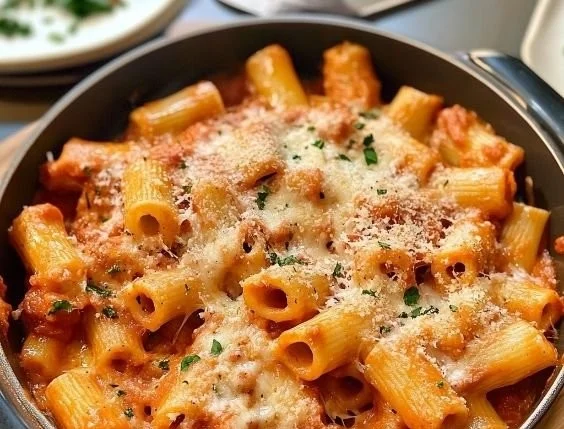 Creamy Tomato Rigatoni pasta served in a bowl with fresh basil garnish