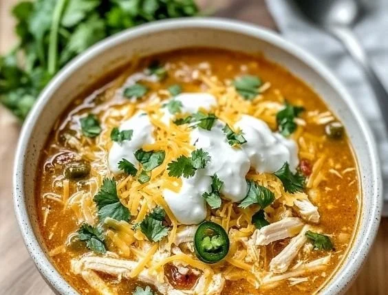 Creamy white chicken chili garnished with cheese and fresh herbs