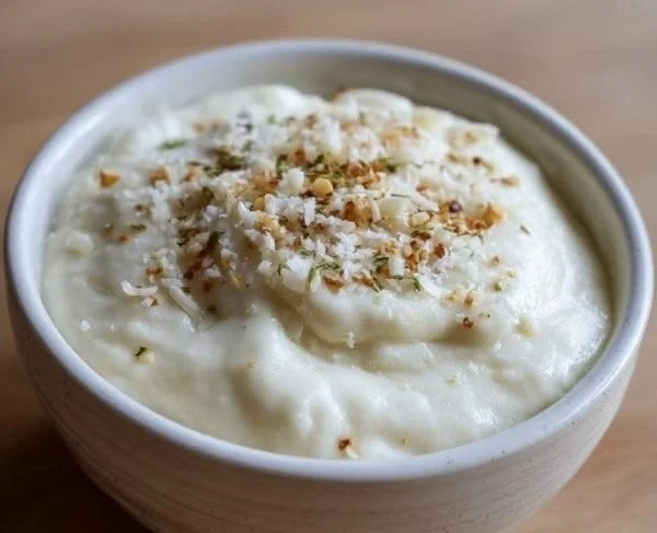 Creamy white garlic pizza sauce drizzled on a fresh pizza