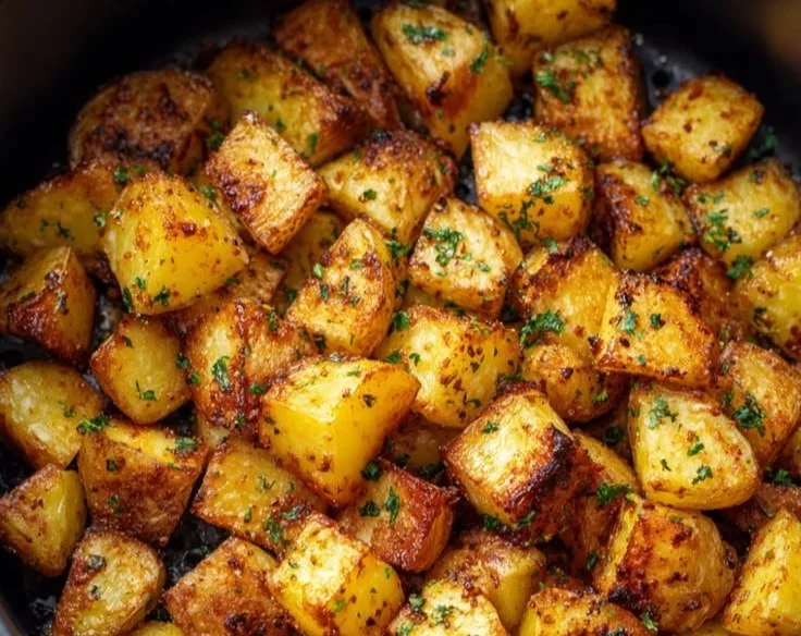 Crispy air fryer potatoes served in a white bowl with herbs
