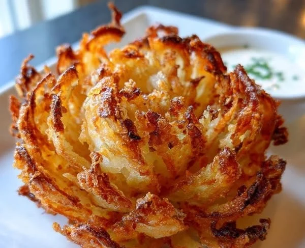 Crispy blooming onions made in an air fryer, served with dipping sauce.