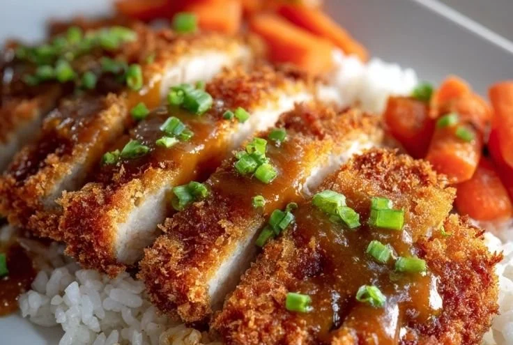 Crispy Chicken Katsu Curry served with rice and vegetables