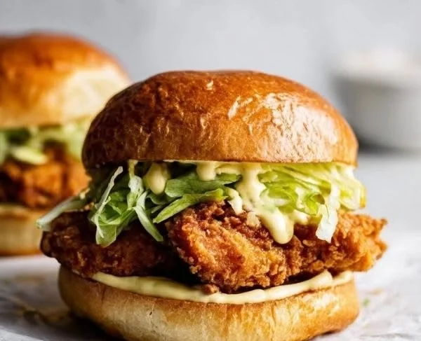 Crispy chicken sandwich with fresh lettuce and tomato on a toasted bun