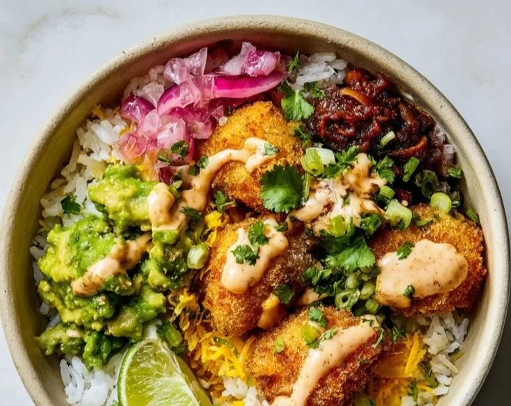 Delicious crispy fish taco bowls served with fresh toppings