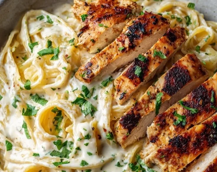 Crispy lemon garlic chicken served over spaghetti, garnished with herbs.
