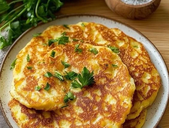 Crispy mashed potato pancakes served with a dipping sauce.