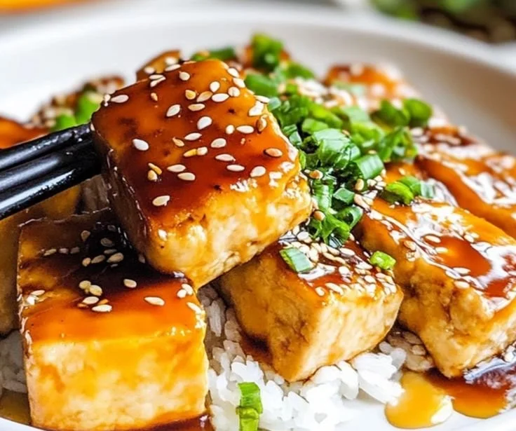 Plate of crispy orange tofu garnished with green onions and sesame seeds