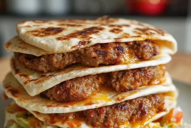 Crispy tortilla smash burgers packed with taco flavor, a tasty meat dish.