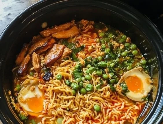 Delicious bowl of Crock Pot Ramen with fresh ingredients and broth